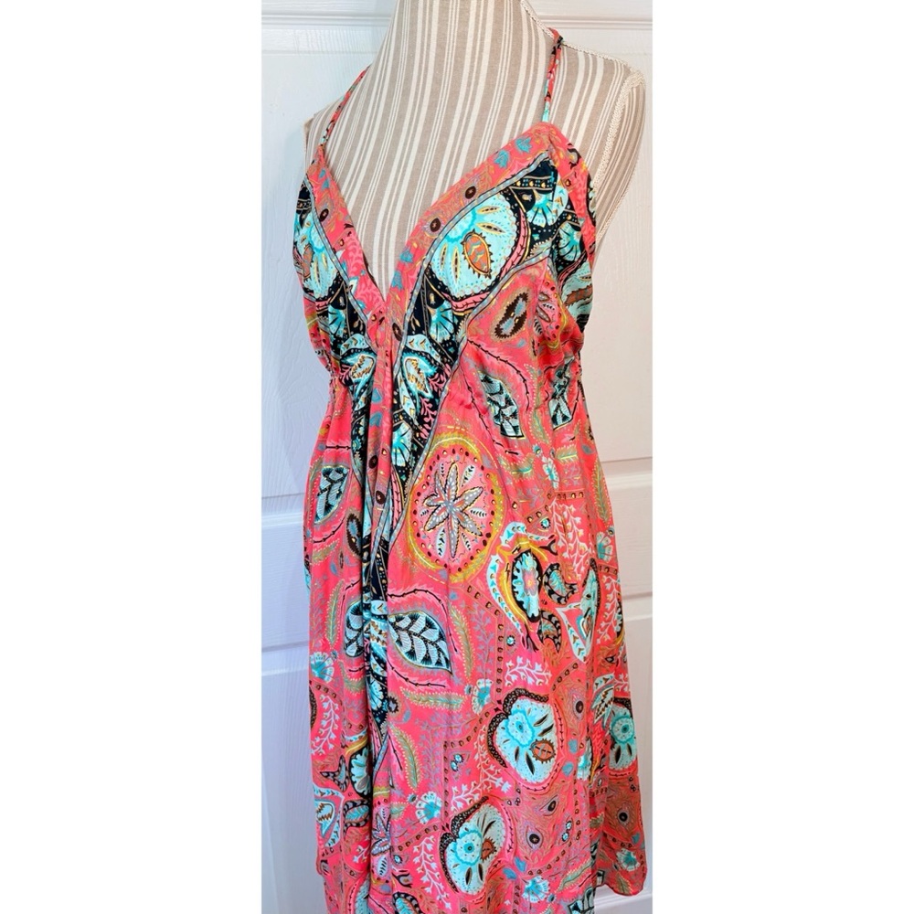Silk Boho India Floral Gold Metallic Swimsuit Cover Up Medium - Picture 3 of 9
